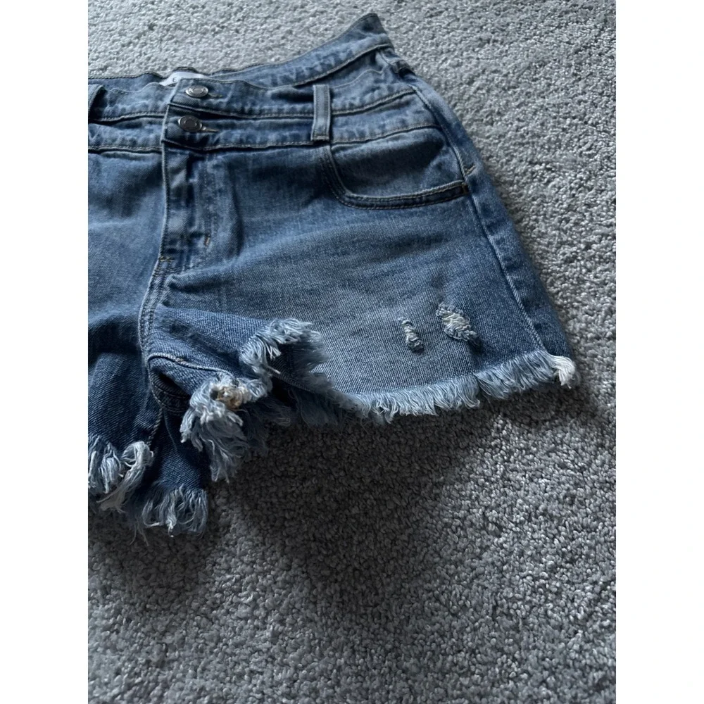 Cello Womens High Waisted Crossover Denim Shorts‎ Medium Wash Distressed Size S